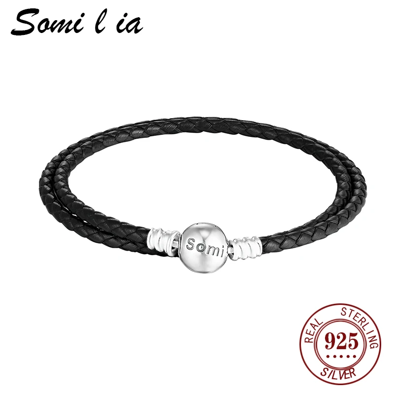 

Somilia-натуральный женский классический черный кожаный браслет из стерлингового серебра 925 пробы с пряжкой 3 мм, браслеты подходят для европейского стиля, подвеска и бусина