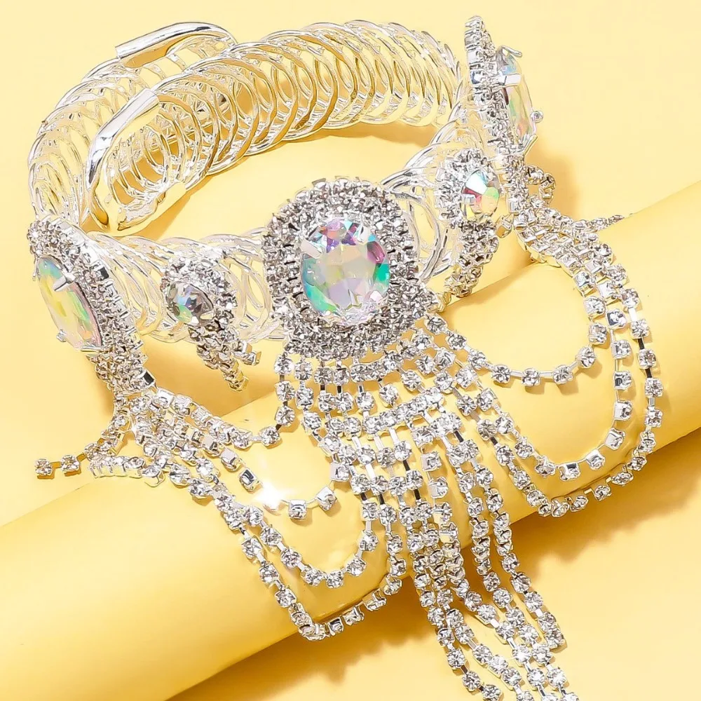 Adjustable Crystal Tassel Arm Chain Armlet Alloy Butterfly Rhinestone Anklet Bling Bracelet Oval Upper Arm Bangle Girls