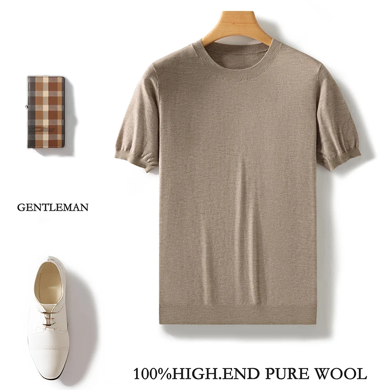 Summer Thin Men\'s Round Neck Knitted Short Sleeved Casual Solid Color Pullover Vest, Simple and Versatile Knitted T-shirt Top