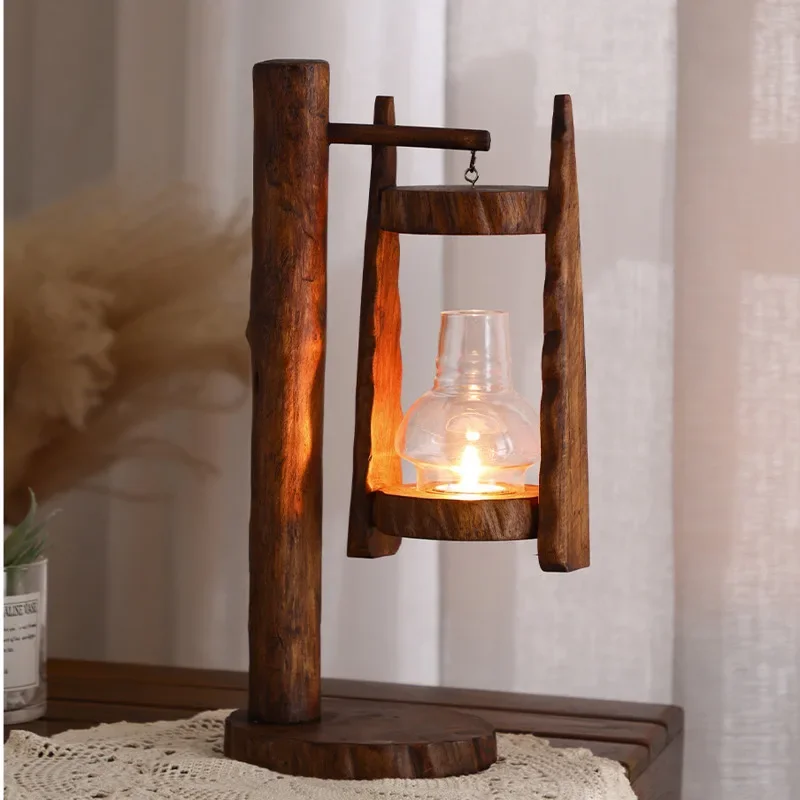 

Retro Southeast Asian Candle Holder Outdoor Glass Windproof Candle Lantern Courtyard Decorative Wooden Candle Stick Vintage