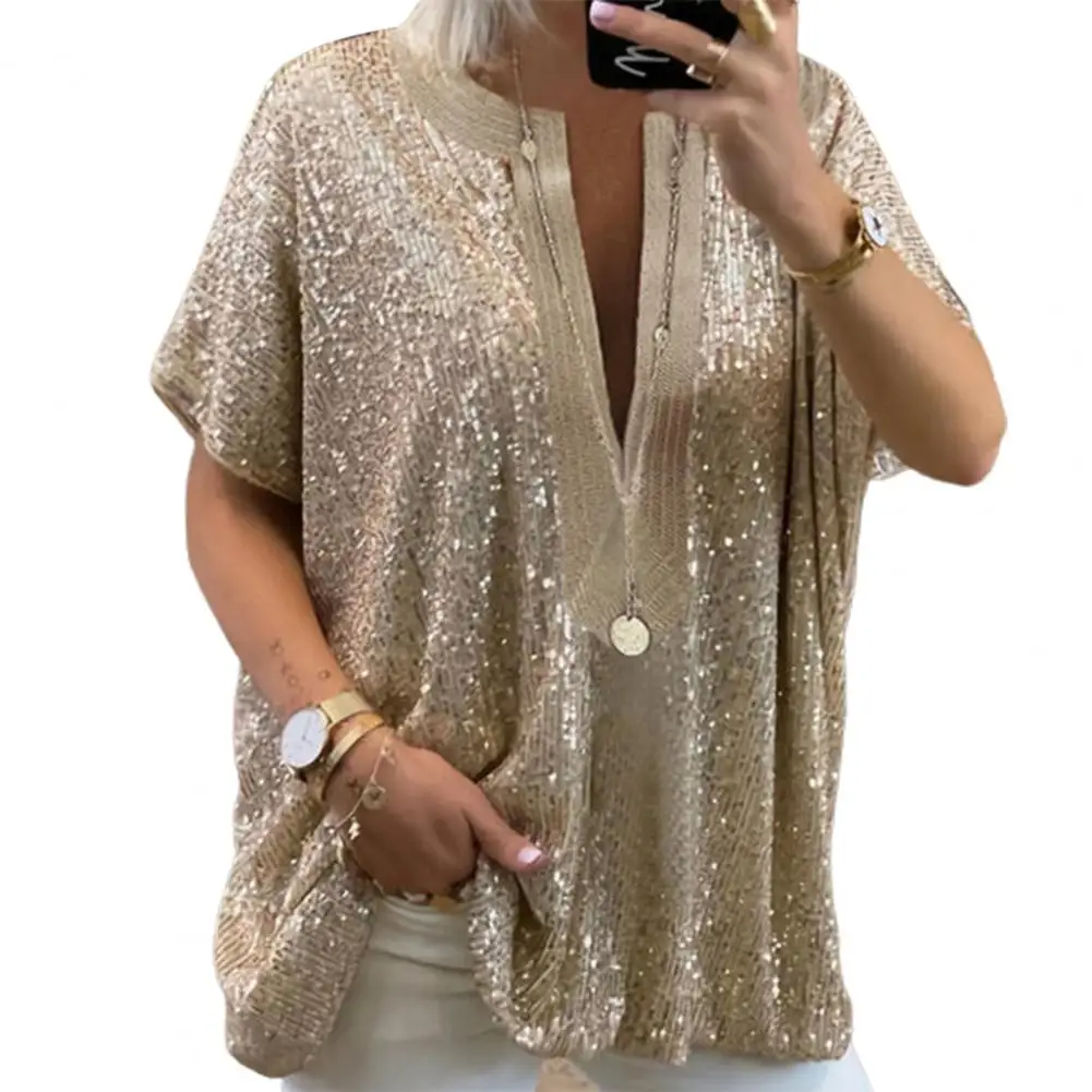 Vintage Women T-shirt Sequins Loose Summer 2023 Tee Shirt Female Short Sleeve Oversize T-shirt Silver Gold Color