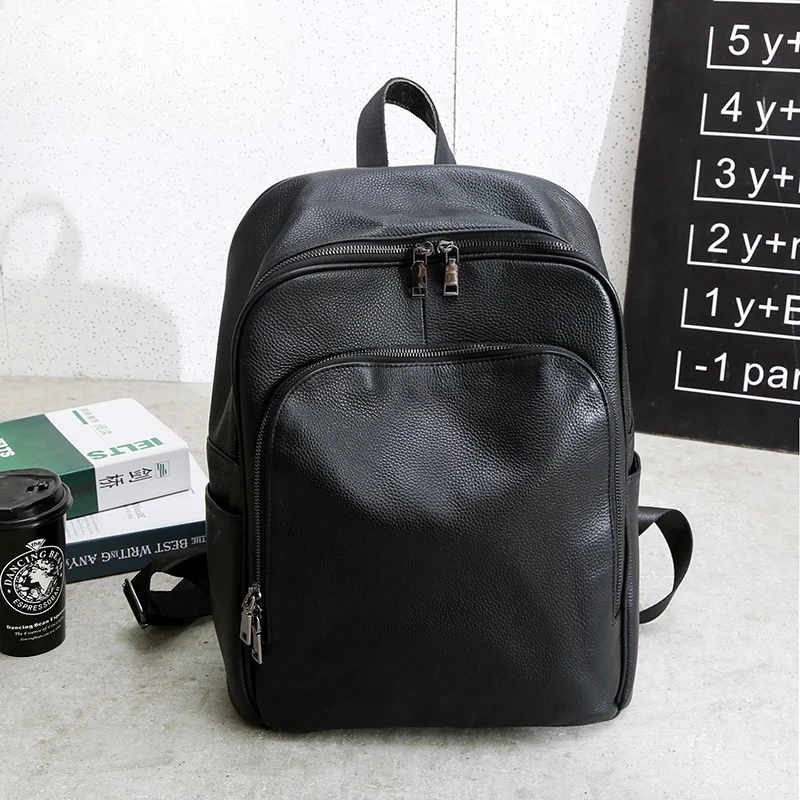 

Handmade Korean Simple Design Man Backpack 100% Natural Leather Men 15inch Laptop Bag Black Cowhide Large Rucksack Travel Bag