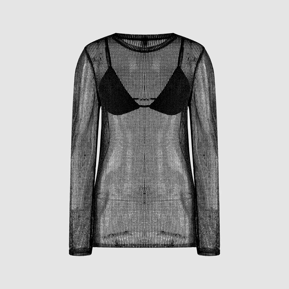 Women Sexy See Through Ribbed Mesh Long Sleeve T-Shirt 2 In 1 Built In Camisole Slim Fit Sheer Top Streetwear Club Party Blouse