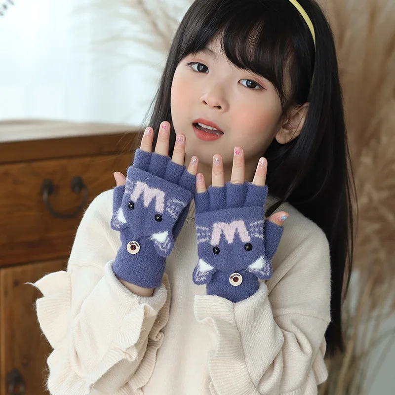 

Winter Knitted Kids Flip Gloves Cute Cartoon Children Half Finger Mittens Anti-Cold Warm Student Writing Glove 6-13Year Boy Girl