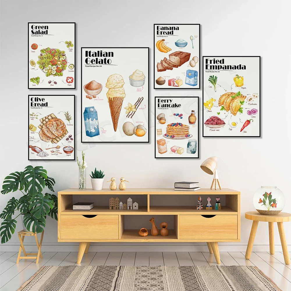 Home-style dishes, homemade banana bread, vegetable salad recipe posters, Spanish cuisine, healthy vegetarian kitchen decor