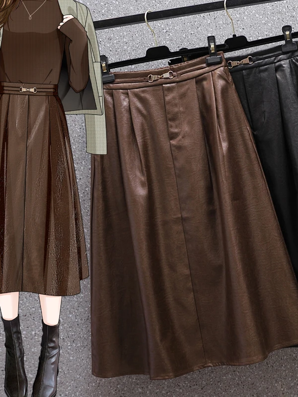 Winter 2025, Übergröße, hohe Taille, weiches PU-Leder, A-Linien-Rock, ausgestelltes F-Länge, schlankmachend, vielseitig, für den Pendelverkehr