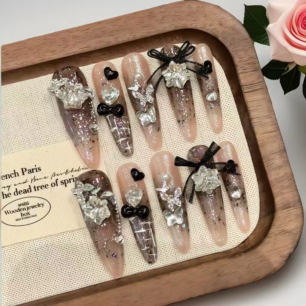 10 個 ダークメイラードスタイル – フルラインストーン グラムガール ボウノット プレスオンネイル