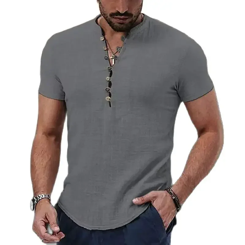 Men Summer Comfortable Casual Shirt Button Splicing Deep V Neck Pullover Blouse Male Solid Color Cotton Linen Short Sleeve Tops