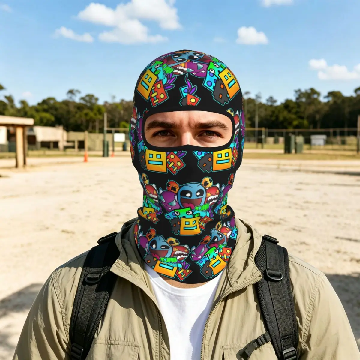 Geometry Dash Game Music Geometric Breathable Thin Balaclava Full Face Mask Sun Protection Neck Gaiter For Motorcycle Outdoor