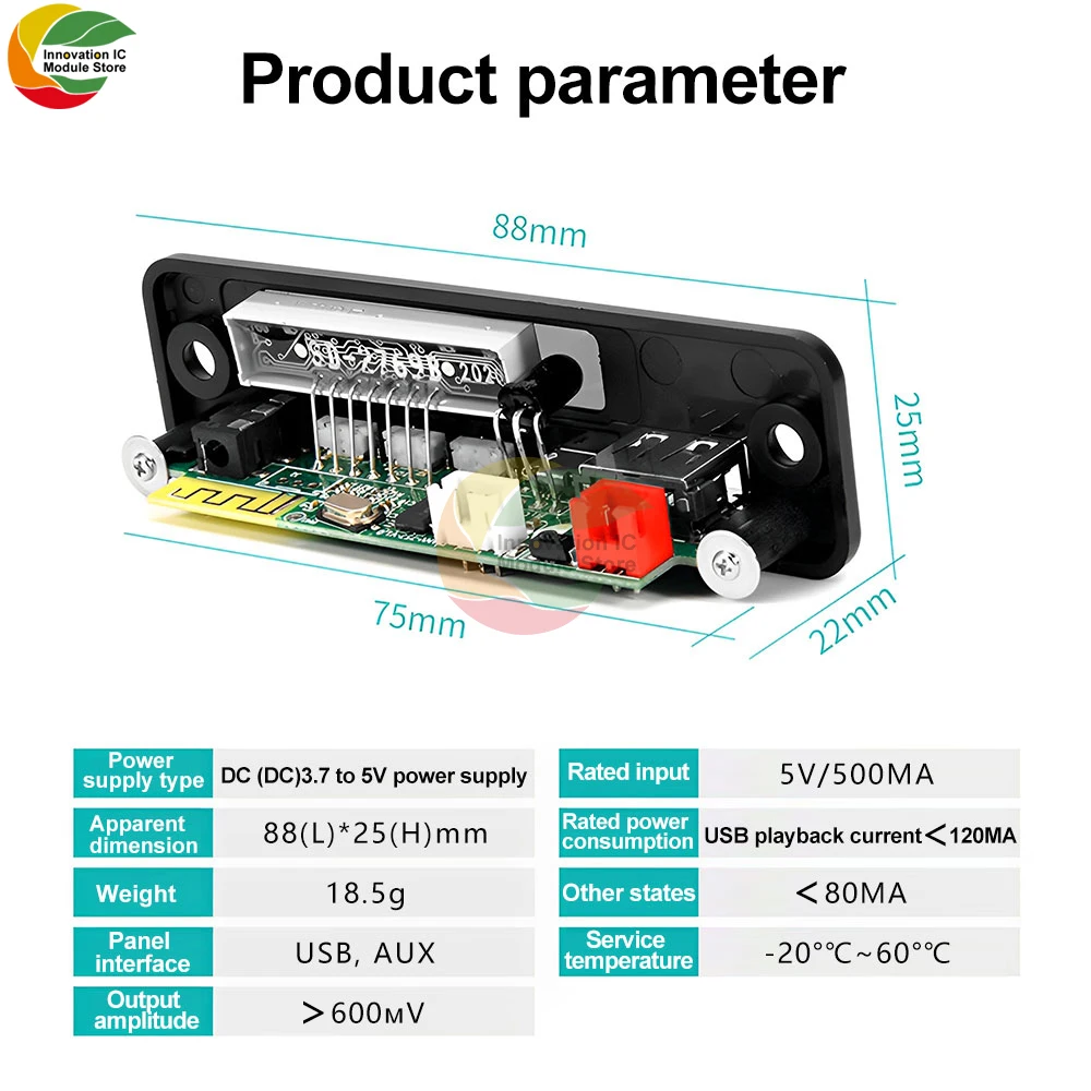 Audio Decode Board Car Music MP3 Decoder Board Bluetooth 5.0 Support AUX FM USB Hands-Free Calling Audio Player Module