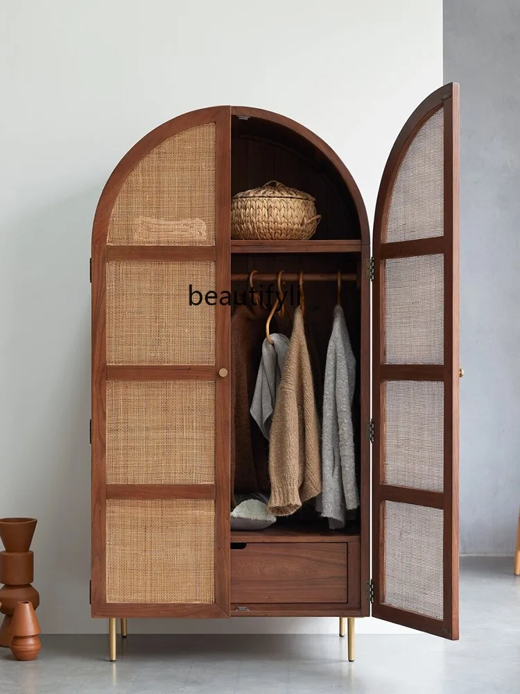 Nordic and Japanese Style Solid Wood Wardrobe Arched Dome Vertical Hinged Door Storage Locker Rattan Wardrobe