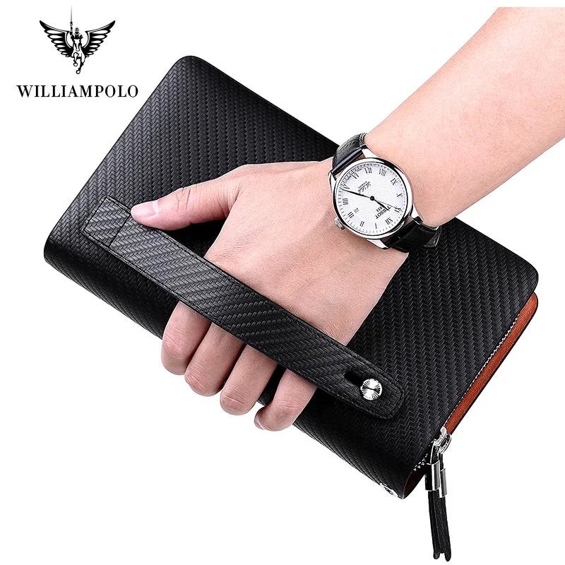 WILLIAMPOLO Men\'s Wallet Business Large Capacity Clutch Bag Genuine Leather Clutch Wallet Double Zipper Handbag Long Men Wallet