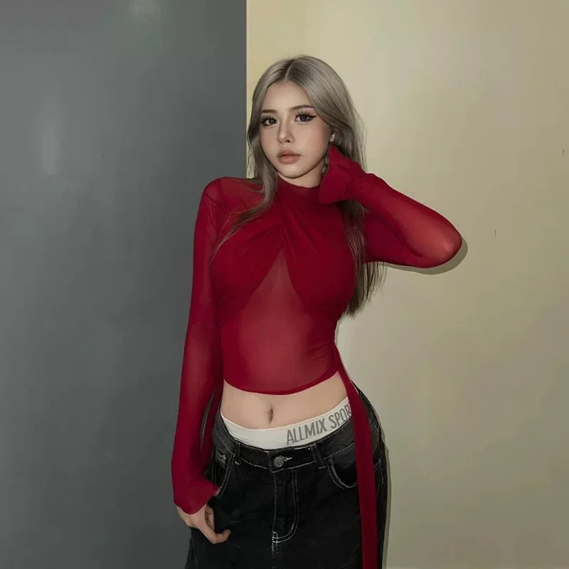 

Корейские японские зимне-осенние блузки, топы, бандажные сетчатые рубашки с закрученным узлом, футболки с полувысоким воротником, ночной клуб, мото-велосипедные женские рубашки