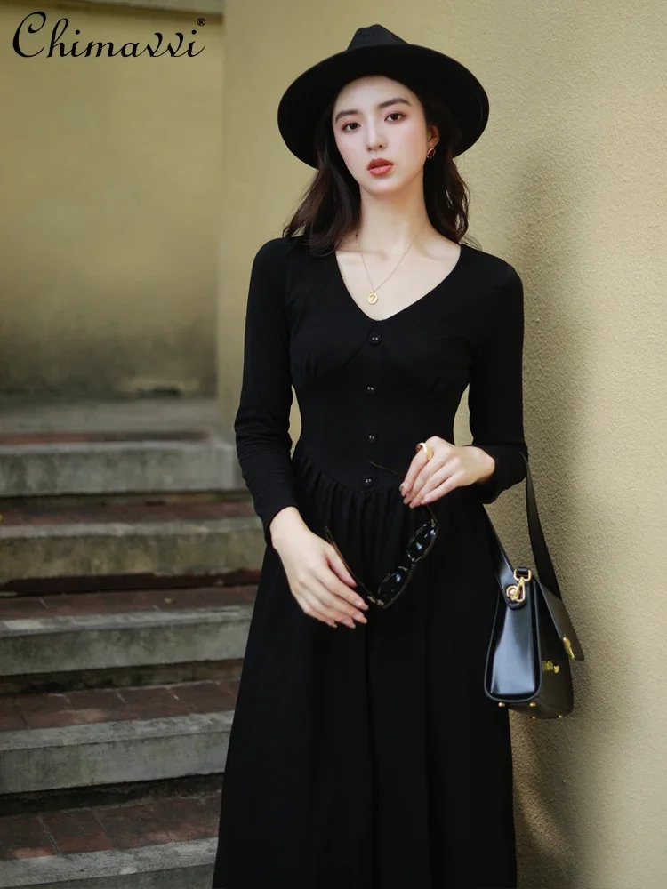 

French Retro Hepburn Style Button V-Neck Long Sleeve Knitted Splicing A-line Slim Elegant Commuter Black Long Dress Women Autumn