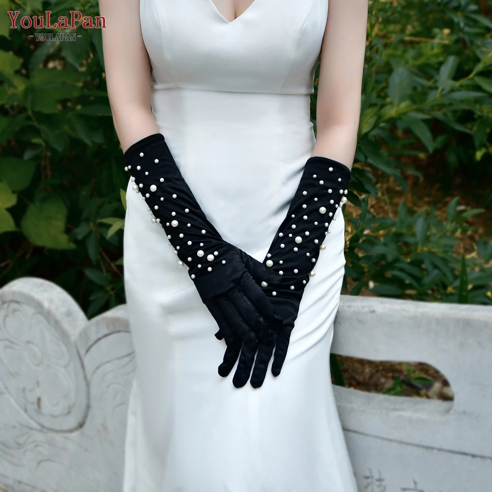 YouLaPan VM12 Black Bridal Gloves 1 Pair Pearls Wedding Gloves Long Above the Elbow Bachelorette DIY Party Accessories