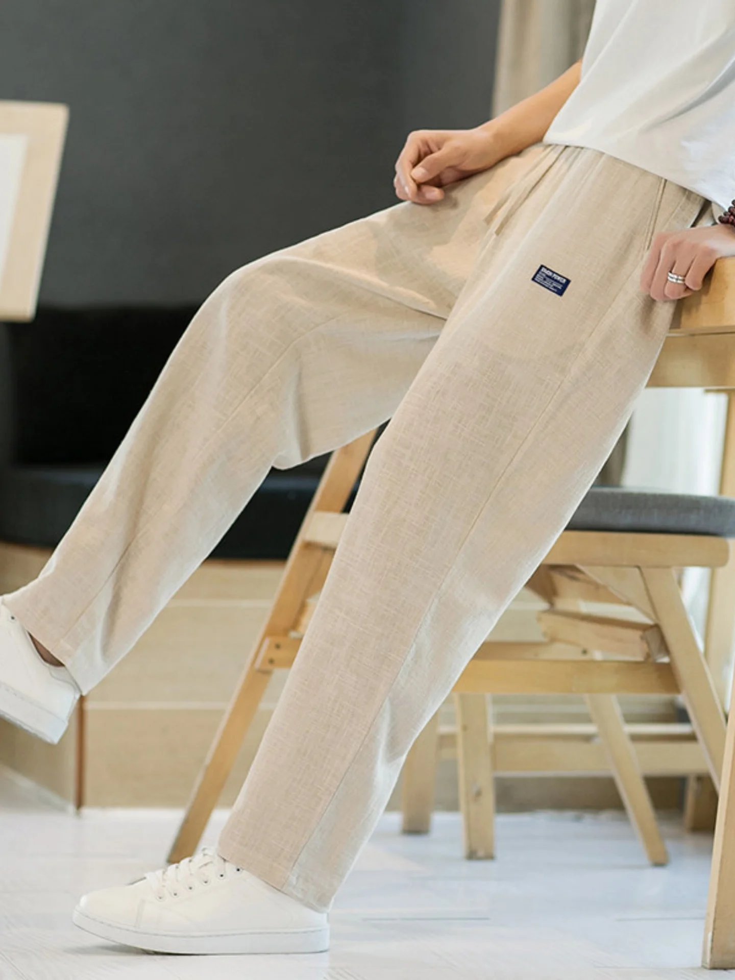 

Легкие повседневные брюки из льна и хлопка, свободные прямые брюки для мужчин, летние и осенние, свободного кроя, длинные, модные, в молодежном стиле