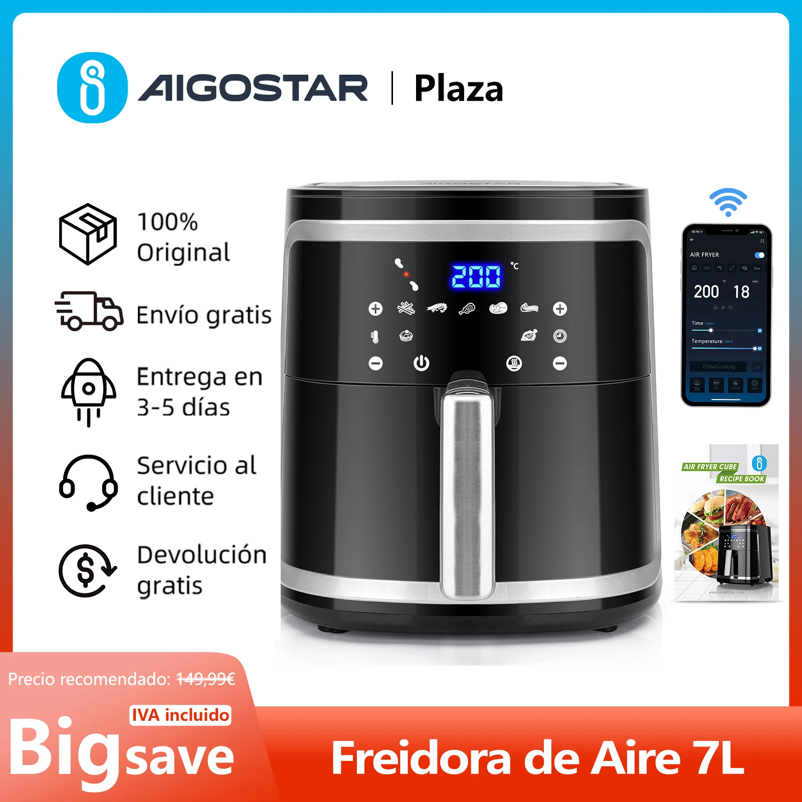 Freidora de Aire Inteligente Sin Aceite, 7L, Pantalla LED Táctil, 7 Funciones Preestablecidas + Mantener Caliente y Modo Manual, Cesta Antiadherente