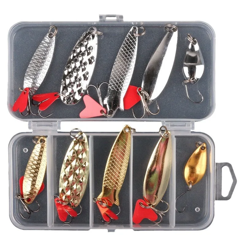 Fishing Metal Spoon Lure Kit Set Gold Silver Baits Sequins Spinner Lures with Box Treble Hooks Fishing Tackle Gear Bass Trout