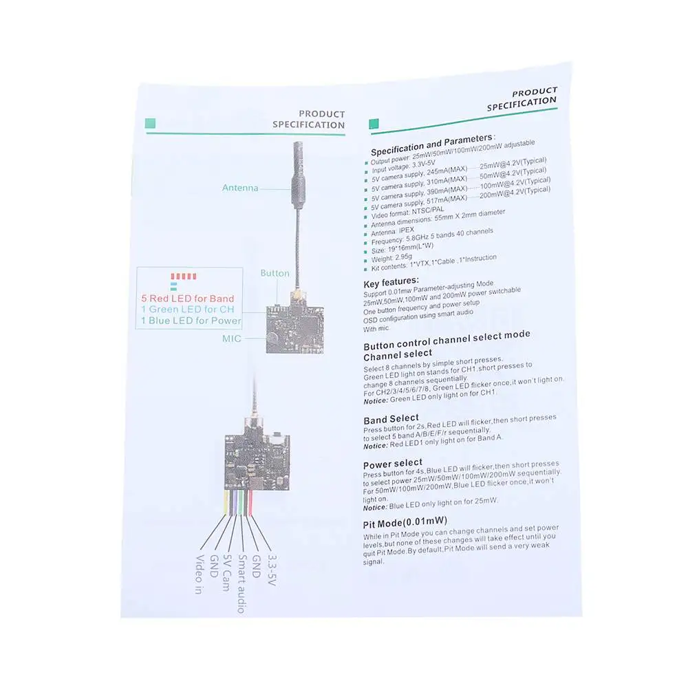 Eachine ATX03S 5.8GHz 40CH 25mW/50mw/200mW Switchable FPV Transmitter Smart Audio With Microphone for RC Drone - IPEX