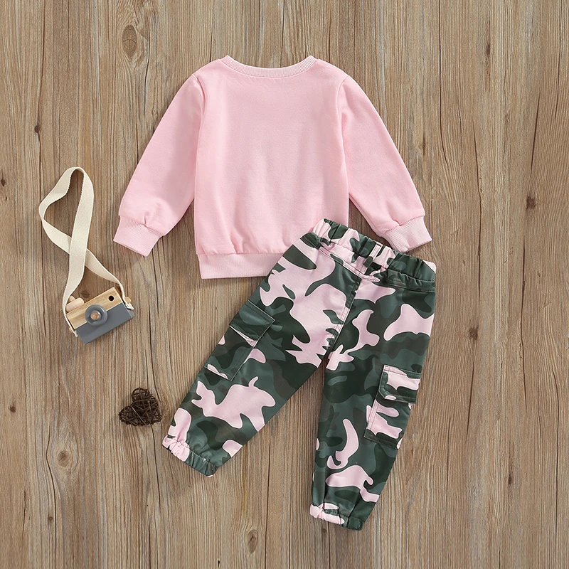 SUNSIOM Baby Girl 2Pcs Fall Outfits Long Sleeve Letter Print Sweatshirt Tops Camouflage Cargo Pants Set Toddler Clothes