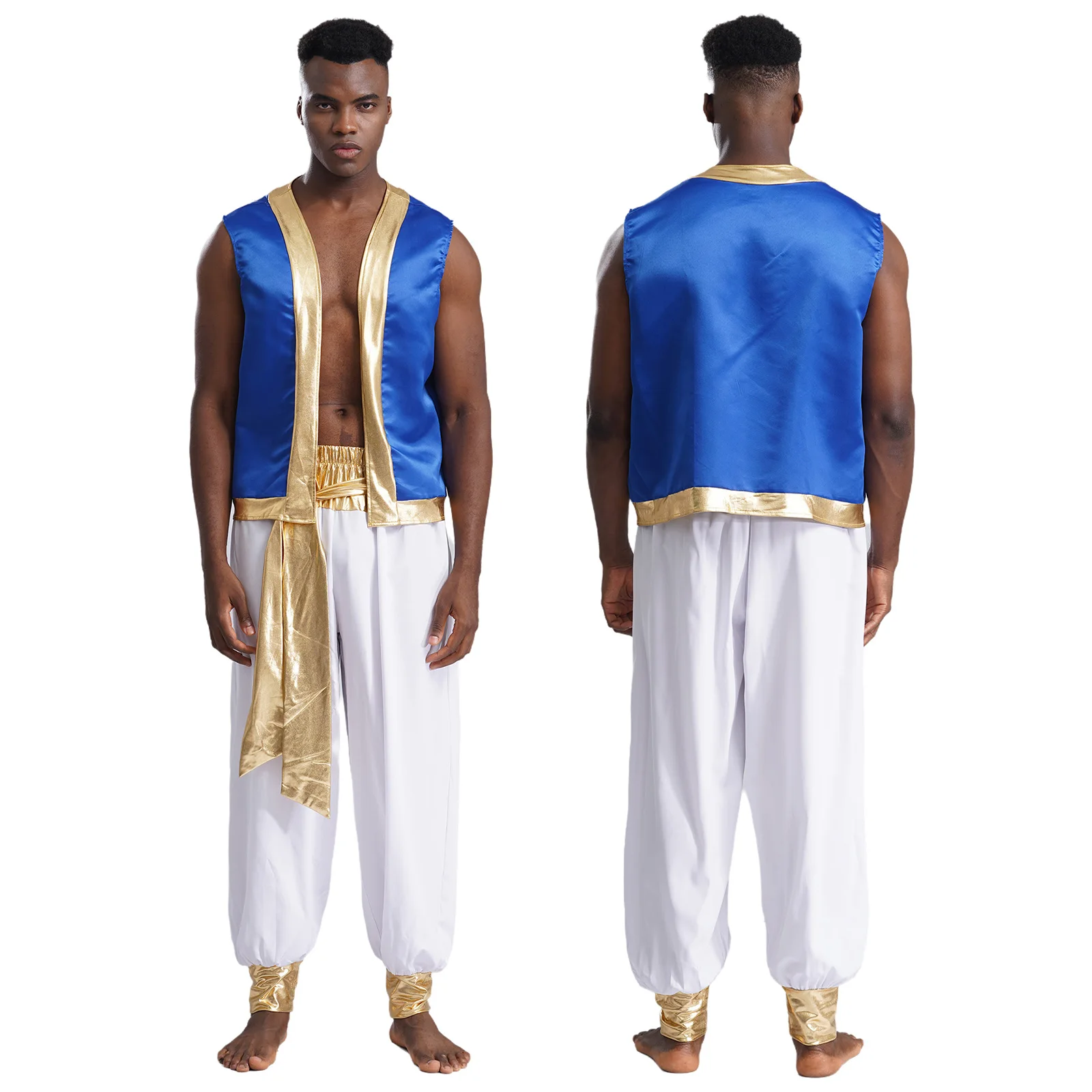 Mens Roleplay Arabian Prince Costume Metallic Shiny Trim Open Front Vest with Long Pants 2 Piece for Halloween Cosplay Party