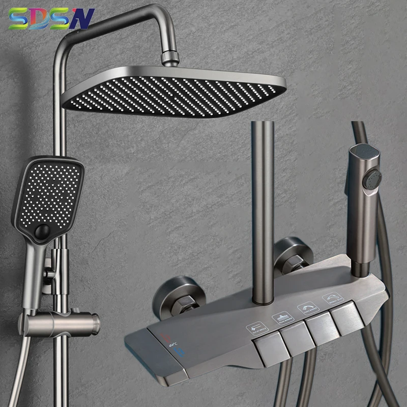 Piano Keys Bathroom Shower System, Wall Mounted Grey Piano Shower Faucet Set with Tub Spout, Four-Function Piano Bathtub Faucet