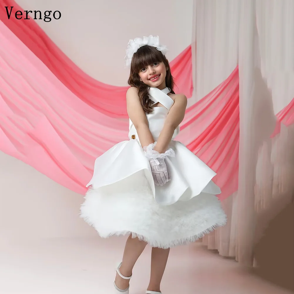 

Verngo White Satin Girl Flower Dress Halter A Line Tiered Birthday Part Dress Princess Formal Occasion Dress Customized