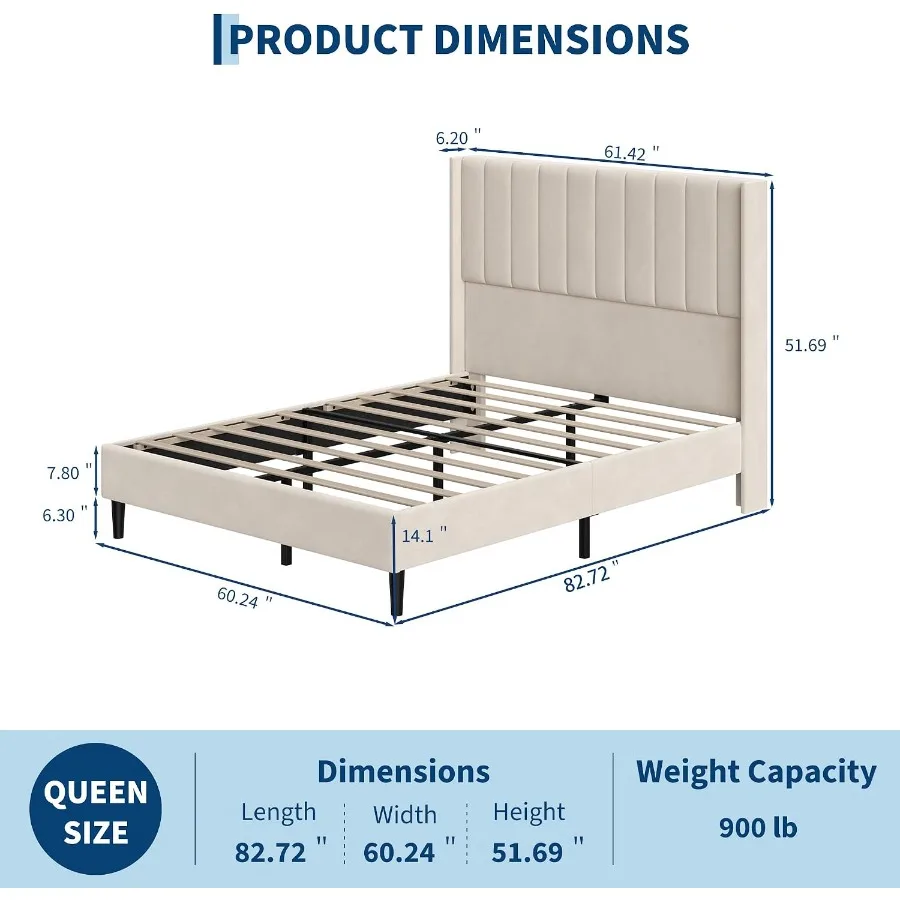 Upholstered Velvet Platform Bed Frame with 52 Tall Wingback Headboard - Noise-Free Support, Easy Assembly, Underbed Storage, Pa