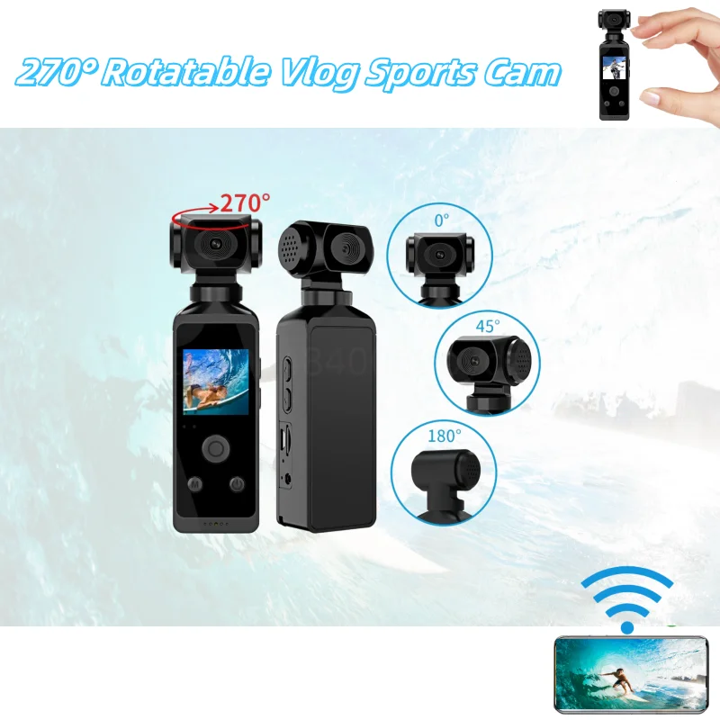 

4K Ultra HD Pocket Action Camera 270° Rotatable Vlog Mini Wifi Sports Cam Waterproof Case Helmet Travel Bicycle Driver Recorder