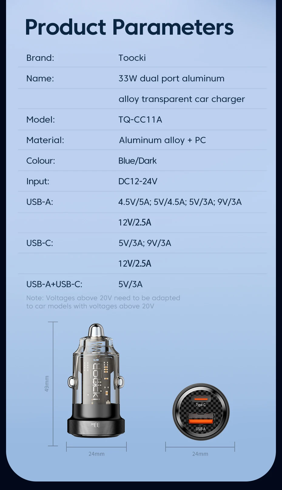 Toocki 33W Car Charger Quick Charge PD 3.0 SCP 5A USB Type C Car Phone Charge Fast Charging For iPhone 14 13 Xiaomi Samsung S23