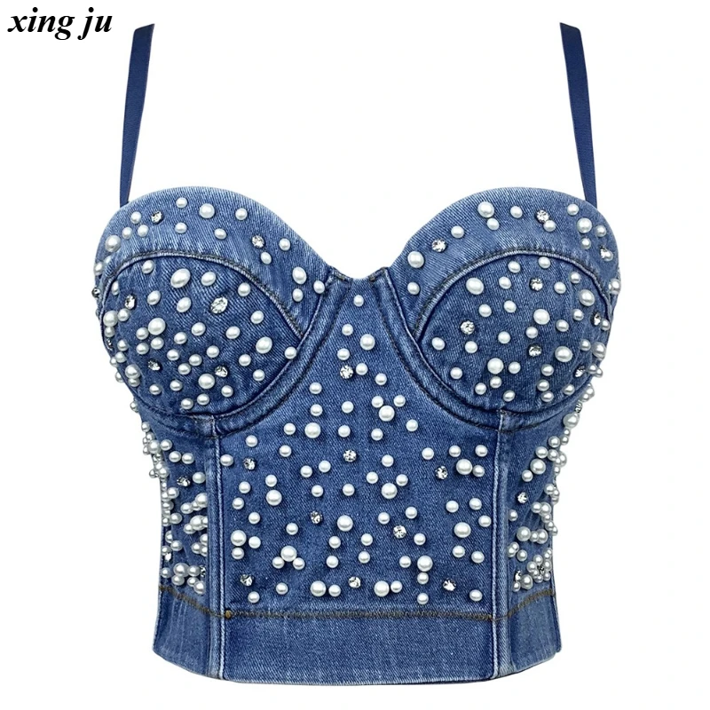 

Xing Ju Hot Girls White Pearl Backless Denim Vest Women Jazz Dance Costume Nightclub DJ Sexy Blue Halter Tops Singer Stage Wear