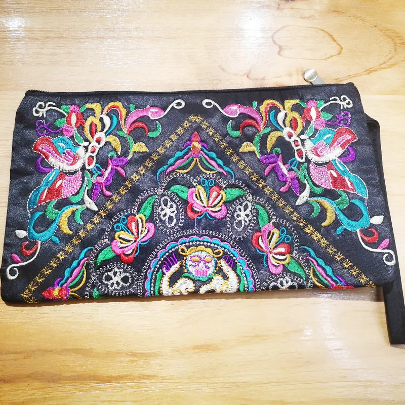 Ethnic Embroidered Wallet with Red Tassel Zipper Boho Folk Art Clutch Auspicious Patttern Black Vintage Zipper Purse Accessories