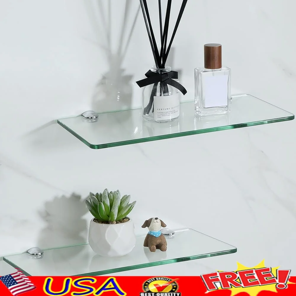 

Tempered Glass Floating Shelves Set of 2 Wall Storage Bathroom Kitchen Living Room Office Modern Decor Space Saving