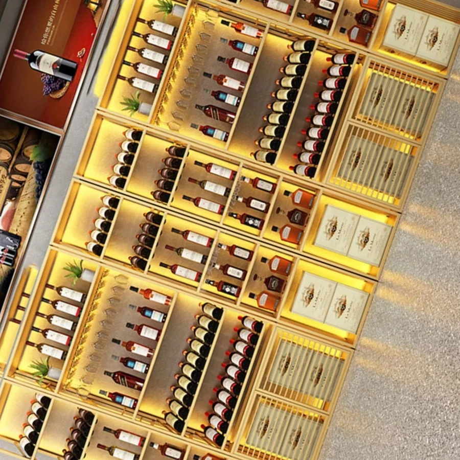 

Gold Metal Bar Cabinet Boutique Commercial Large Corner Storage Cube Glass Display Cabinet Meuble Rangement Organizer Furniture