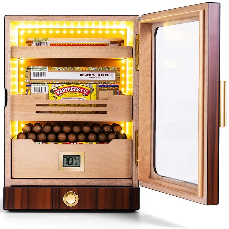 Humidor Cedar Cigar Moisturizer High Perspective Window Three Layers Large Capacity LED Light Ebony