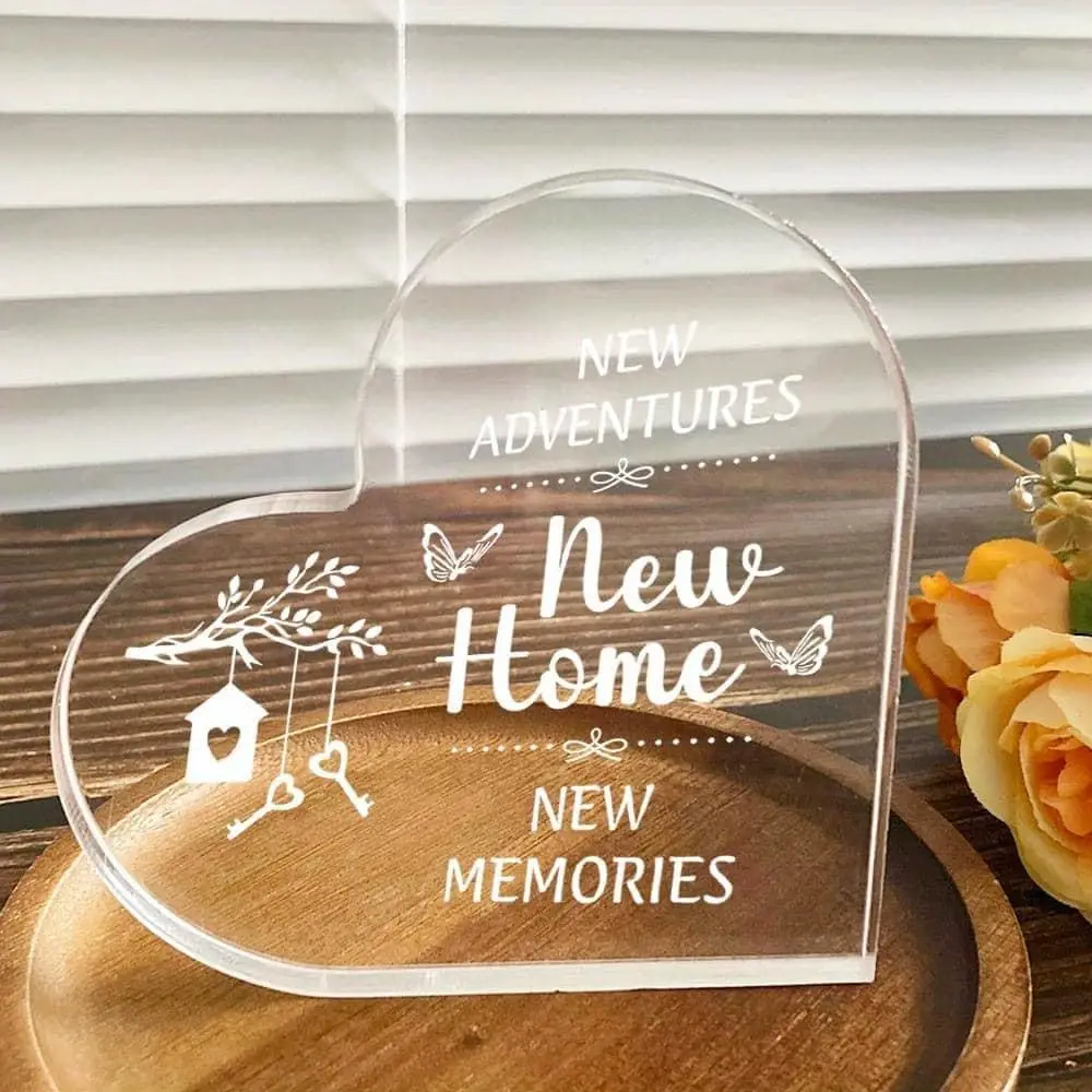 New Home New Memories Heart Acrylic Plaque, Housewarming Key Branch Silhouette Desk Keepsake Gift