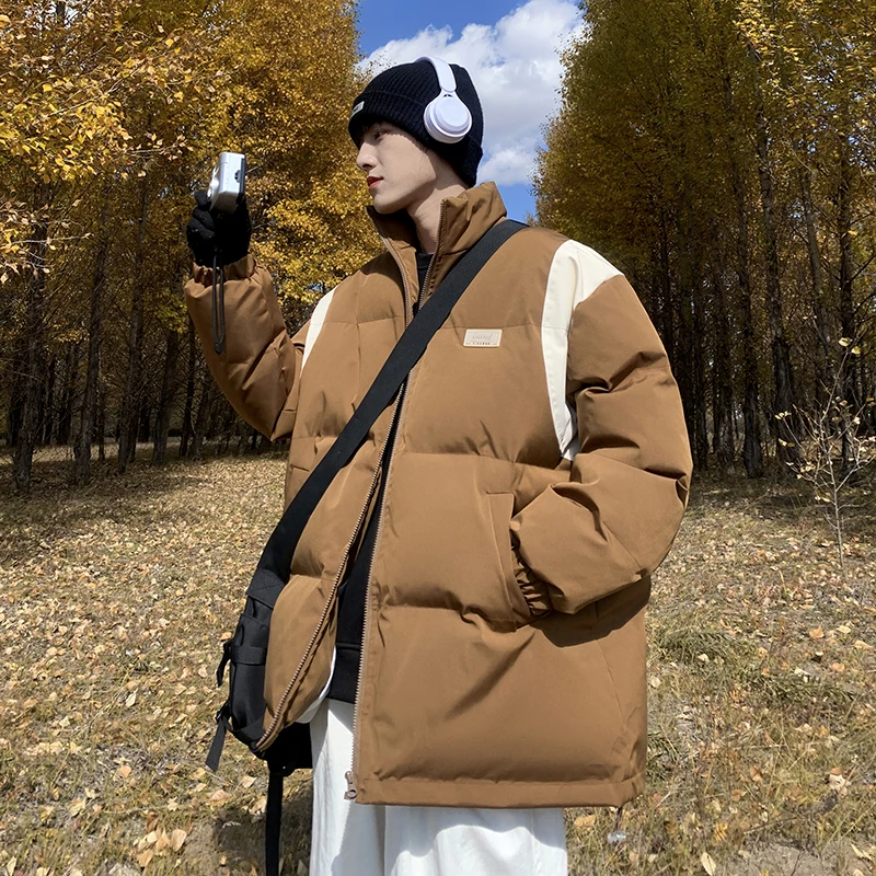 

Men's Winter Thiened Bread Coat down Cotton Jaet American Retro Stand Collar Youth Casual Warm Faionable Zipper Closure