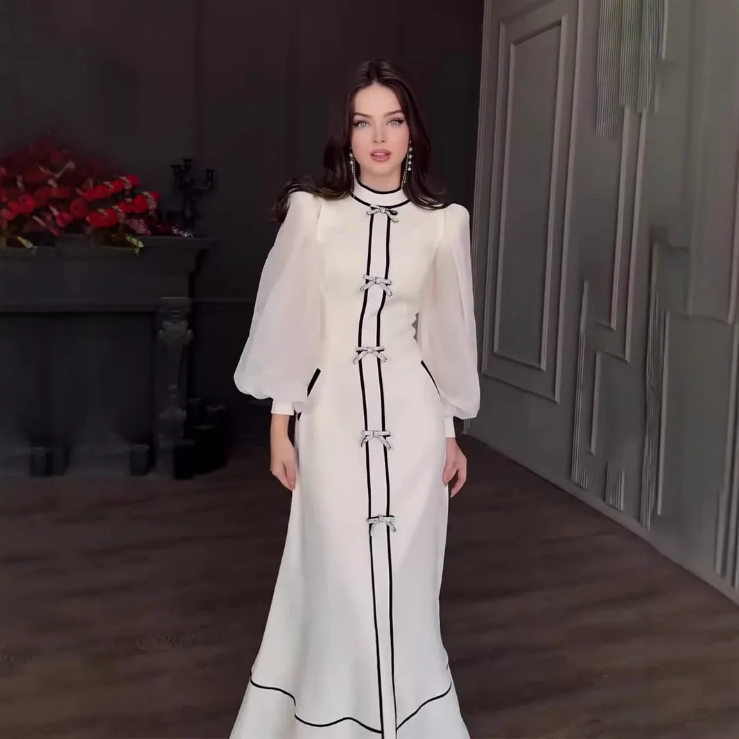 

Spring new bow decoration black and white splicing temperament semi-turtleneck long dress fashionable simple temperament elegant