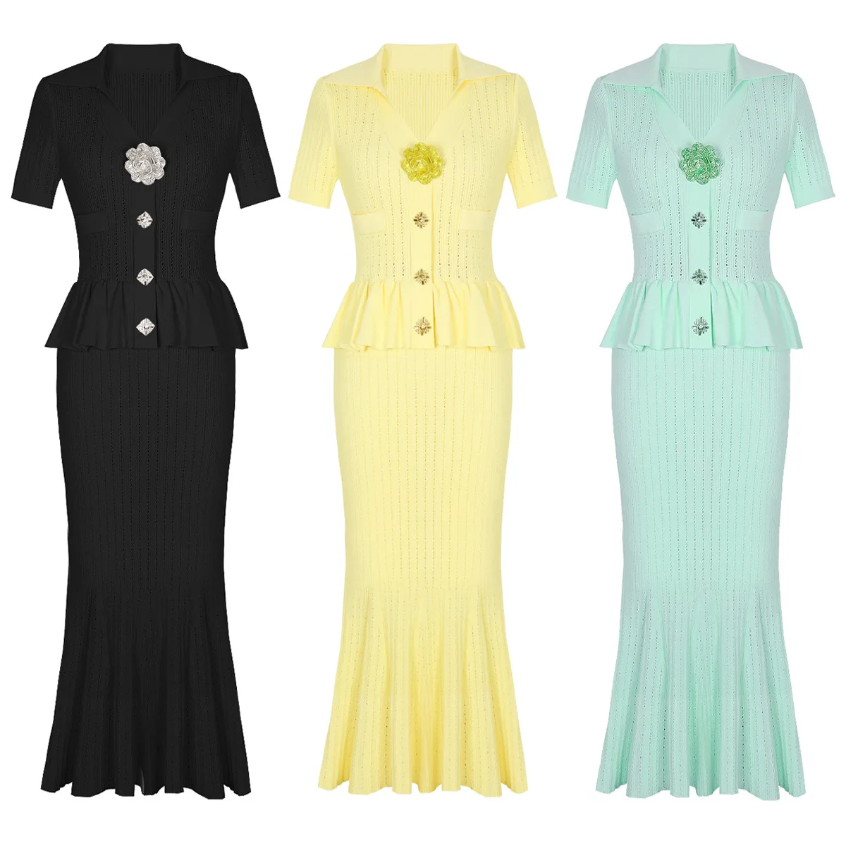 

customized High quality in stock fashionable knitted collar slim fit short sleeved long dress