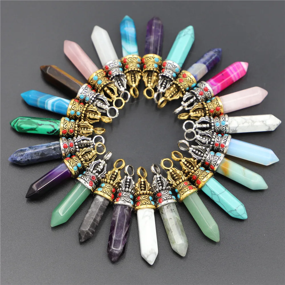 

20pcs Natural Stone Pillar Crown Charms Pendulum Black Onyx Opal Rose Quartz Obsidian Pendants for Jewelry Making DIY Necklace