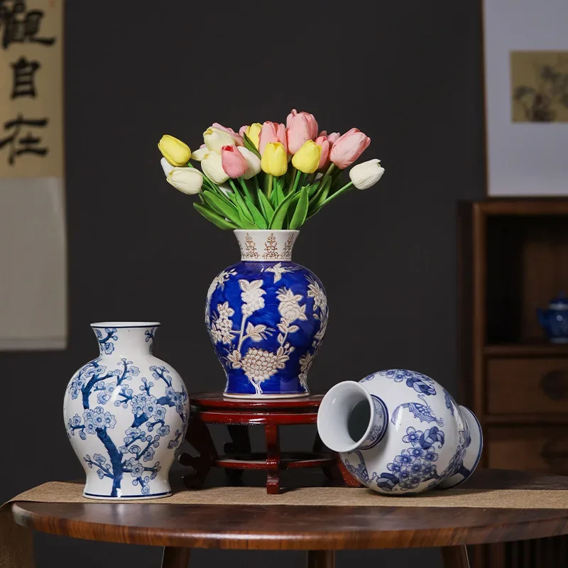 1pc Chinese Style Blue and White Porcelain Vase Decor Ceramic Flower Planter TV Cabinet Decor Apartment Decoration Ornaments