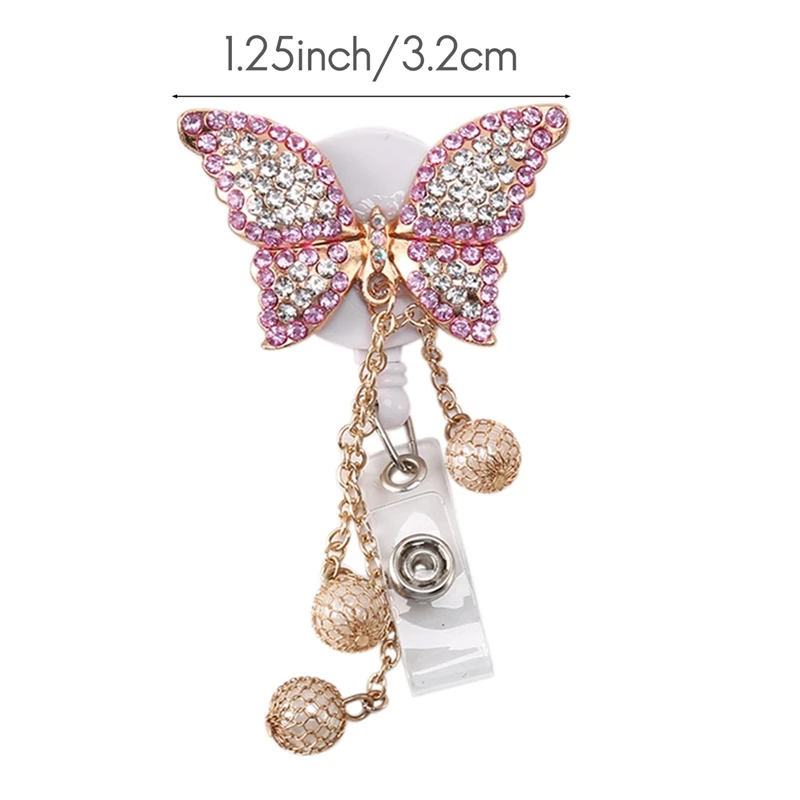 

EF-5Pcs Retractable Badge Holder Reel, Butterfly Handmade Bling Rhinestone ID Badge Holders With Clip, For Volunteer Nurses