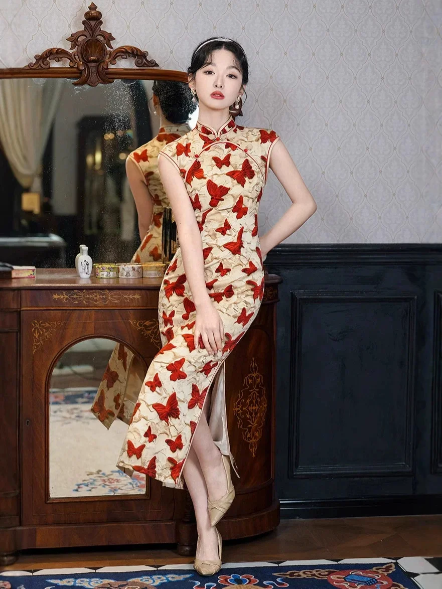 

Новый весна/лето 2025 улучшенный Cheongsam в китайском стиле для похудения без рукавов в стиле ретро, длинный стиль, сексуальный женский Cheongsam