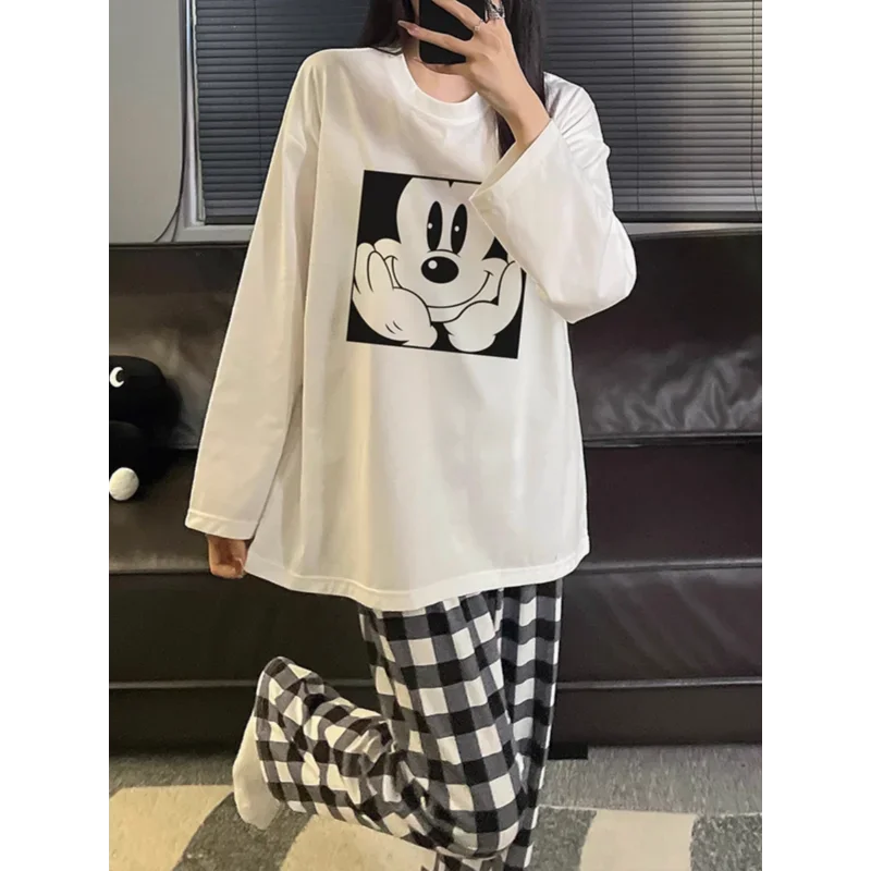 Disney Mickey cotton pajamas autumn long-sleeved trousers round neck cartoon two-piece set casual women\'s pajamas loungewear