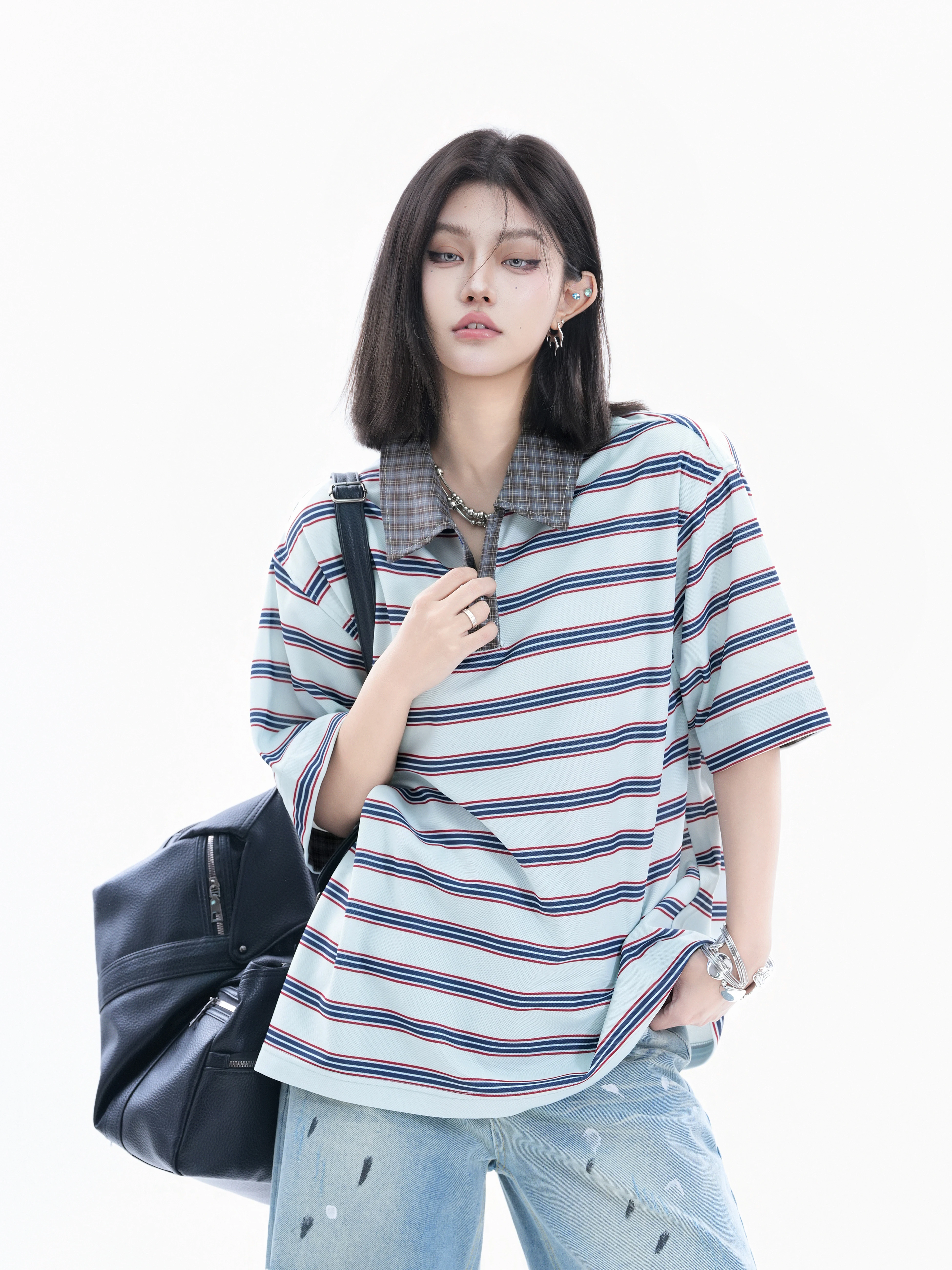 

Retro American Shirt Women Loose Slimming Short Sleeve Striped Flip-Collar Top Couple's Casual Breathable Polyester