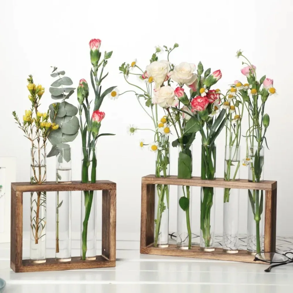 Test Tube Glass Propagation Vase with Wooden Stand, Hydroponic Plant Cuttings Station for Home Office Planter Garde Decor