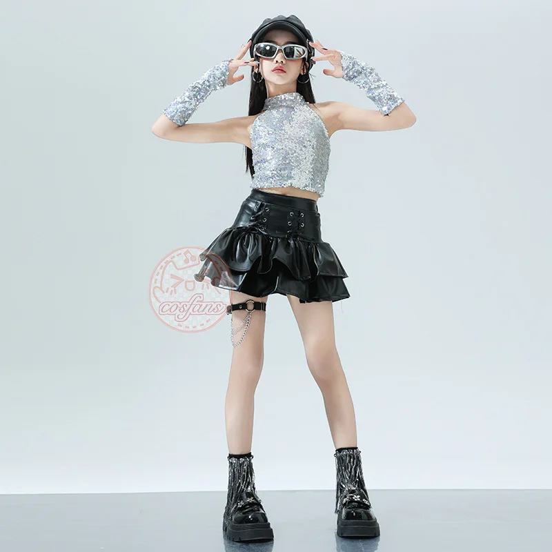 Mädchen K-Pop Silber Jacke Leder Stufenrock Cargohose Kleidung Set Kinder Hip Hop Street Dance Kostüme Kind Teenager Streetwear