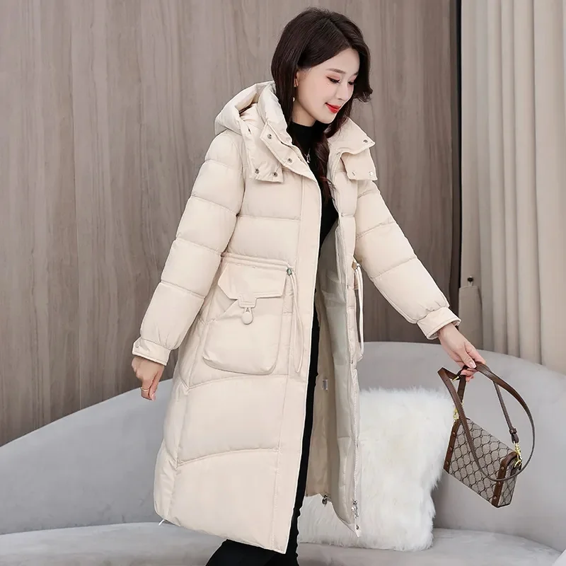 Piumino invernale in cotone con cappuccio Parka da donna Nuovo cappotto imbottito in pane caldo lungo spesso casual allentato Capispalla femminile impermeabile T756