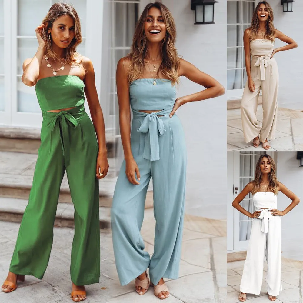 

Summer Women's Sexy Casual One-Piece Baring Waist Wide Leg Pants High Waist Polyester Commute Sle Online Exclusive