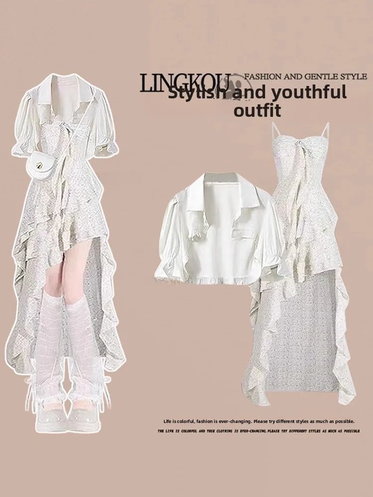 

Summer Short Bubble Sleeve Shirt And Halter Dress Slimming Two-Piece Set for Women Elegant Design French Style Fashionable